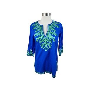 Gretchen Scott Blue Green Embroidered V Neck Beach Tunic Size Small